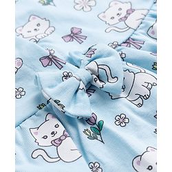 Babyhug 100% Cotton Frock and Bloomer with Half Sleeves and Cat Print With Bow Applique - Light Blue