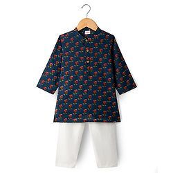 Babyhug 100% Cotton Cambric Woven Full Sleeves Kurta Pyjama Set With Floral Print - Navy Blue
