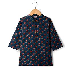 Babyhug 100% Cotton Cambric Woven Full Sleeves Kurta Pyjama Set With Floral Print - Navy Blue