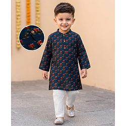Babyhug 100% Cotton Cambric Woven Full Sleeves Kurta Pyjama Set With Floral Print - Navy Blue