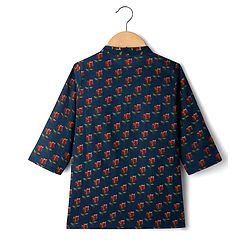 Babyhug 100% Cotton Cambric Woven Full Sleeves Kurta Pyjama Set With Floral Print - Navy Blue