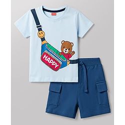 Babyhug 100% Cotton Single Jersey Knit Half Sleeves T-Shirt & Shorts Set With Bear & Bag Print - Blue