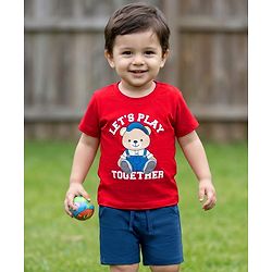 Babyhug 100% Cotton Knit Half Sleeves Bear Printed T-Shirt & Shorts Set - Red & Navy Blue