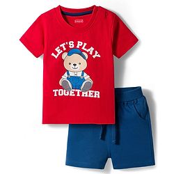 Babyhug 100% Cotton Knit Half Sleeves Bear Printed T-Shirt & Shorts Set - Red & Navy Blue