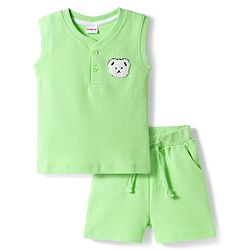 Babyhug Waffle Knit Sleeveless T-Shirt & Shorts Set With Animal Patch - Green