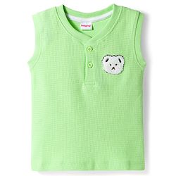 Babyhug Waffle Knit Sleeveless T-Shirt & Shorts Set With Animal Patch - Green