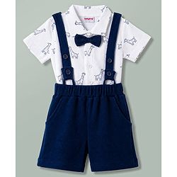 Babyhug Single Jersey Knit Half Sleeves Shirt & Shorts Set With Animal Print & Bow Applique - White & Navy Blue