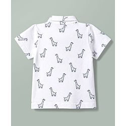 Babyhug Single Jersey Knit Half Sleeves Shirt & Shorts Set With Animal Print & Bow Applique - White & Navy Blue