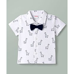 Babyhug Single Jersey Knit Half Sleeves Shirt & Shorts Set With Animal Print & Bow Applique - White & Navy Blue