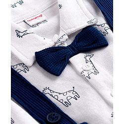 Babyhug Single Jersey Knit Half Sleeves Shirt & Shorts Set With Animal Print & Bow Applique - White & Navy Blue
