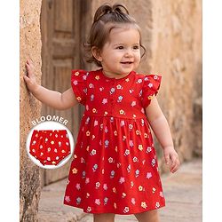 Babyhug 100% Cotton Interlock Knit Half Sleeves Floral Printed Frock With Bloomer - Red