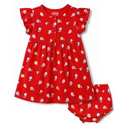 Babyhug 100% Cotton Interlock Knit Half Sleeves Floral Printed Frock With Bloomer - Red
