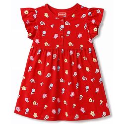 Babyhug 100% Cotton Interlock Knit Half Sleeves Floral Printed Frock With Bloomer - Red