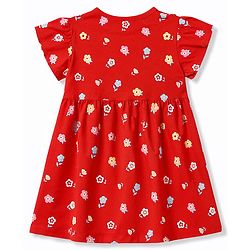 Babyhug 100% Cotton Interlock Knit Half Sleeves Floral Printed Frock With Bloomer - Red