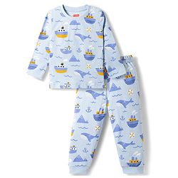 Babyhug Cotton Knit Full Sleeves T-Shirt & Pyjama Co-ord Night Suit with Nautical Print - Blue