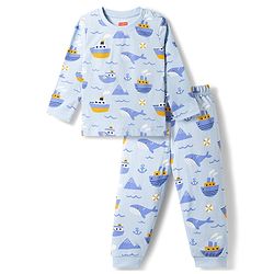 Babyhug Cotton Knit Full Sleeves T-Shirt & Pyjama Co-ord Night Suit with Nautical Print - Blue
