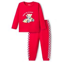 Babyhug 100% Cotton Knit Full Sleeves T-Shirt & Pyjama Night Suit With Teddy Bear Print - Red