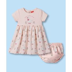 Babyhug 100% Cotton Interlock Knit Half Sleeves Floral & Birds Printed Frock With Bloomer - Pink
