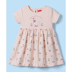 Babyhug 100% Cotton Interlock Knit Half Sleeves Floral & Birds Printed Frock With Bloomer - Pink