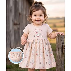 Babyhug 100% Cotton Interlock Knit Half Sleeves Floral & Birds Printed Frock With Bloomer - Pink
