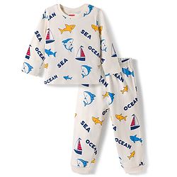 Babyhug Cotton Knit Full Sleeves T-Shirt & Pyjama Co-ord Night Suit With Shark Print - Light Grey