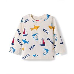 Babyhug Cotton Knit Full Sleeves T-Shirt & Pyjama Co-ord Night Suit With Shark Print - Light Grey