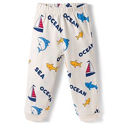Babyhug Cotton Knit Full Sleeves T-Shirt & Pyjama Co-ord Night Suit With Shark Print - Light Grey