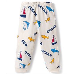 Babyhug Cotton Knit Full Sleeves T-Shirt & Pyjama Co-ord Night Suit With Shark Print - Light Grey