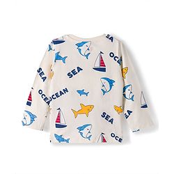 Babyhug Cotton Knit Full Sleeves T-Shirt & Pyjama Co-ord Night Suit With Shark Print - Light Grey