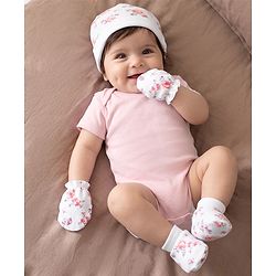 Babyhug 100% Cotton Interlock Knit Cap Mittens & Booties With Floral Print Multicolor - Diameter 14 cm