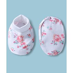 Babyhug 100% Cotton Interlock Knit Cap Mittens & Booties With Floral Print Multicolor - Diameter 14 cm
