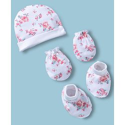 Babyhug 100% Cotton Interlock Knit Cap Mittens & Booties With Floral Print Multicolor - Diameter 14 cm