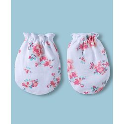 Babyhug 100% Cotton Interlock Knit Cap Mittens & Booties With Floral Print Multicolor - Diameter 14 cm
