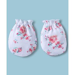 Babyhug 100% Cotton Interlock Knit Cap Mittens & Booties With Floral Print Multicolor - Diameter 14 cm