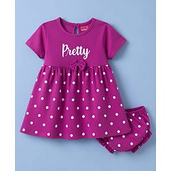 Babyhug Interlock Knit Half Sleeves Frock with Polka Dot Print & Bloomer - Dark Pink