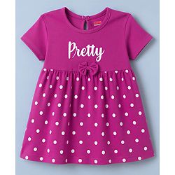 Babyhug Interlock Knit Half Sleeves Frock with Polka Dot Print & Bloomer - Dark Pink