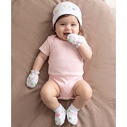 Babyhug 100% Cotton Interlock Knit Cap Mittens & Booties With Floral Print Multicolor - Diameter 15.5 cm