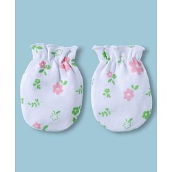 Babyhug 100% Cotton Interlock Knit Cap Mittens & Booties With Floral Print Multicolor - Diameter 15.5 cm