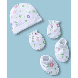 Babyhug 100% Cotton Interlock Knit Cap Mittens & Booties With Floral Print Multicolor - Diameter 15.5 cm