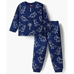 Babyhug Cotton Knit Full Sleeves Dino Printed Co-Ords T-Shirt & Pyjama Night Suit - Navy Blue