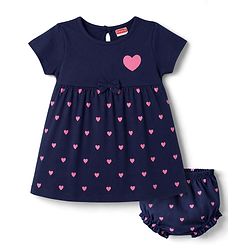 Babyhug Interlock Knit Half Sleeves Hearts Printed Frock With Bloomer - Navy Blue
