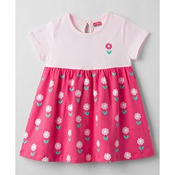 Babyhug Interlock Knit Half Sleeves Frock with Floral Print & Bloomer - Pink