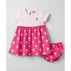 Babyhug Interlock Knit Half Sleeves Frock with Floral Print & Bloomer - Pink