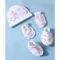 Babyhug 100% Cotton Interlock Knit Floral Print Cap Mittens and Booties - Whte