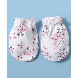 Babyhug 100% Cotton Interlock Knit Floral Print Cap Mittens and Booties - Whte