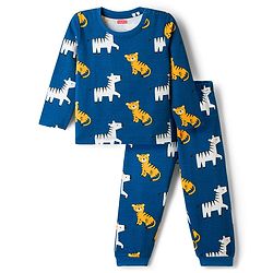 Babyhug 100% Cotton Knit Full Sleeves T-Shirt & Pyjama Co-ord Night Suit with Tiger & Zebra Print - Teal Blue