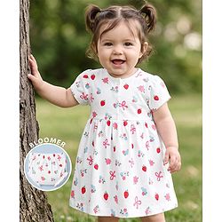 Babyhug 100% Cotton Knit Half Sleeves Floral Printed Frock With Bloomer - White