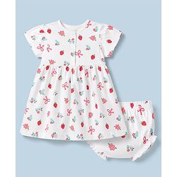 Babyhug 100% Cotton Knit Half Sleeves Floral Printed Frock With Bloomer - White
