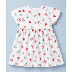 Babyhug 100% Cotton Knit Half Sleeves Floral Printed Frock With Bloomer - White