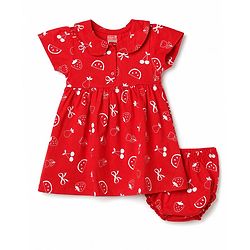 Babyhug 100% Cotton Single Jersey Knit Half Sleeves Peter Pan Collared Floral Printed Frock with Bloomer - Red